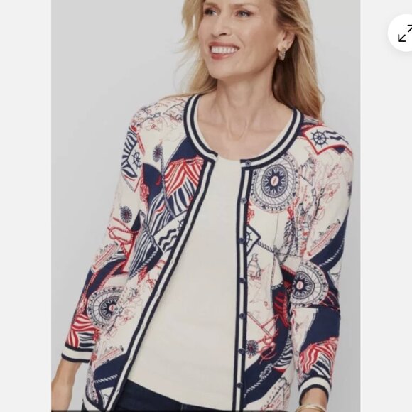 Talbots Nautical Maps Theme Lightweight Cardigan Sweater with 3/4 Sleeves - Picture 1 of 9